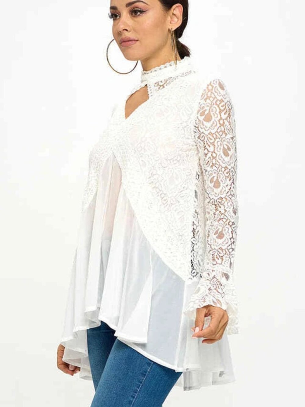 Oh Yes Flowy Lace Trim High Neck Keyhole Tunic Top Long Sleeve White New - Picture 5 of 14